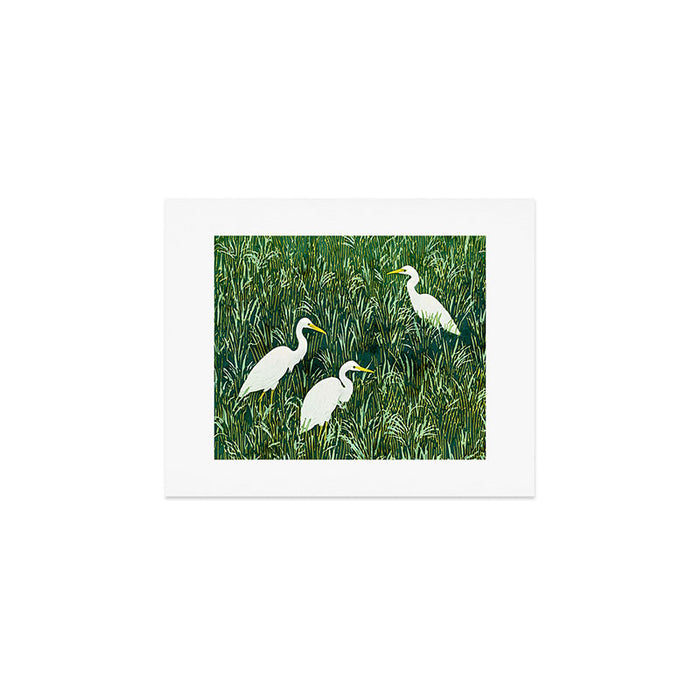 White Egrets in Tall Green Grass Watercolor Art Print Gallery Image 1