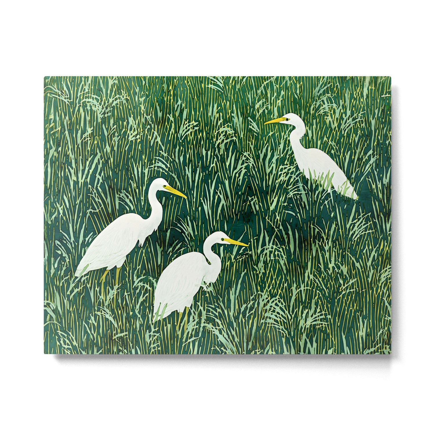 White Egrets in Tall Green Grass Watercolor Metal Print Gallery Image 4