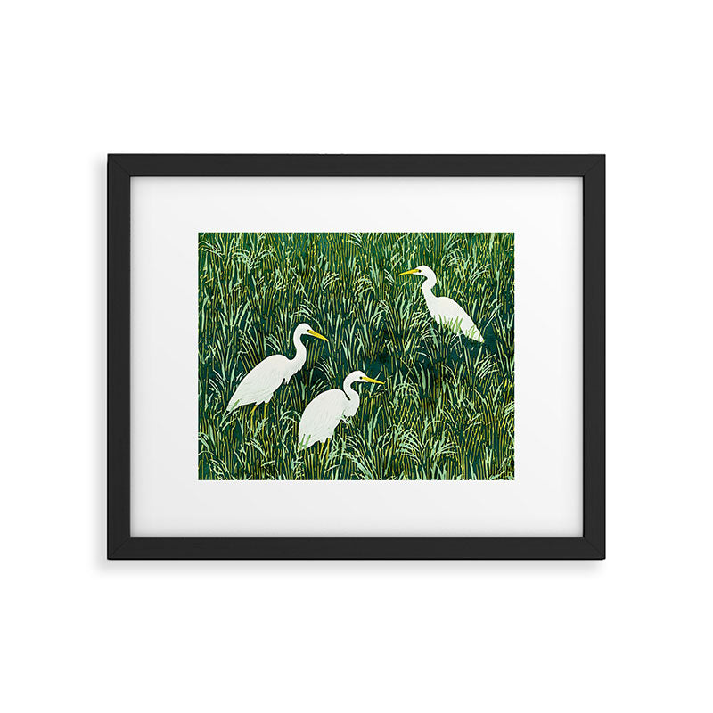 White Egrets in Tall Green Grass Watercolor Framed Art Print Gallery Image 5