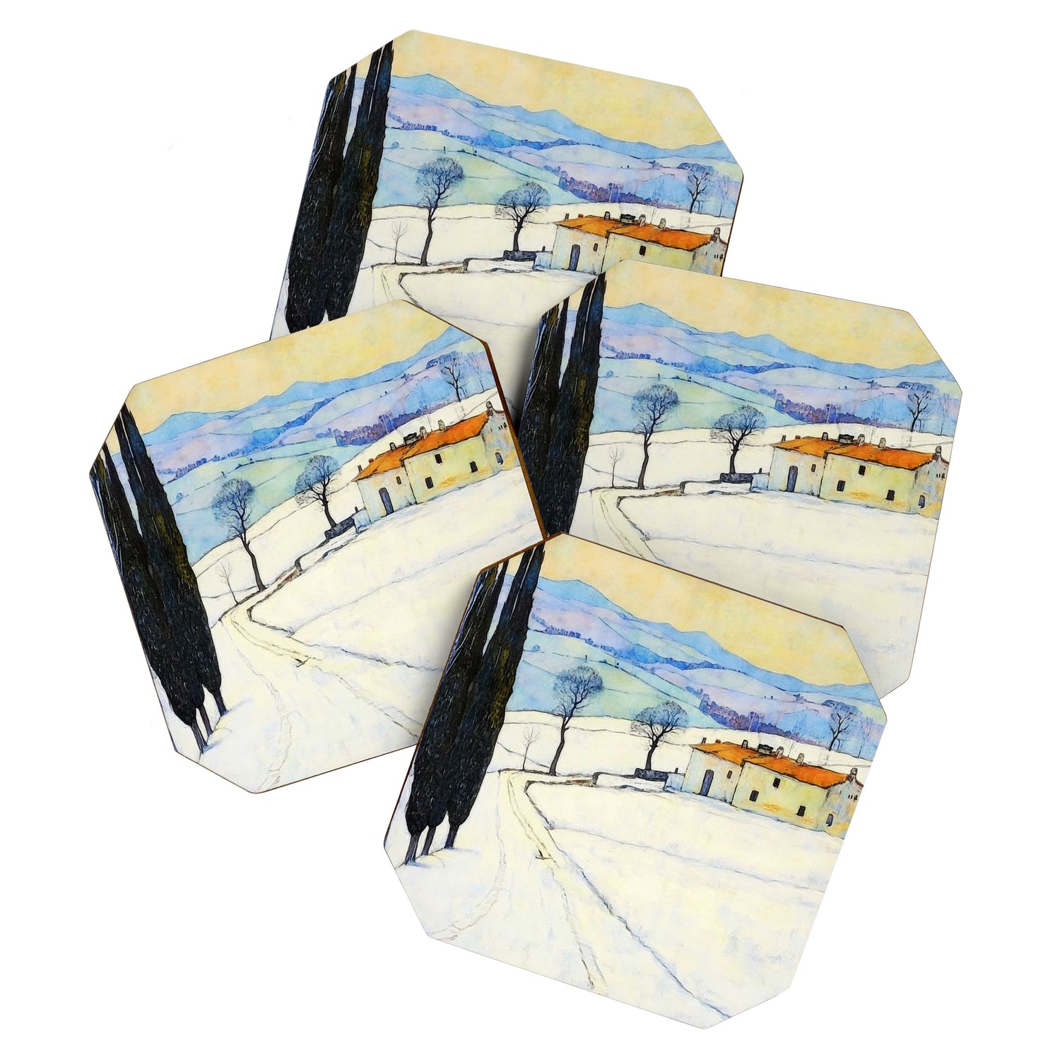 Winter in Tuscany Watercolor Landscape Coaster Gallery Image 1