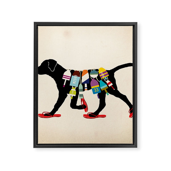 Black dog lab labrador buoy nautical beach ocean sandals flip flop art Framed Canvas Print Gallery Image 1