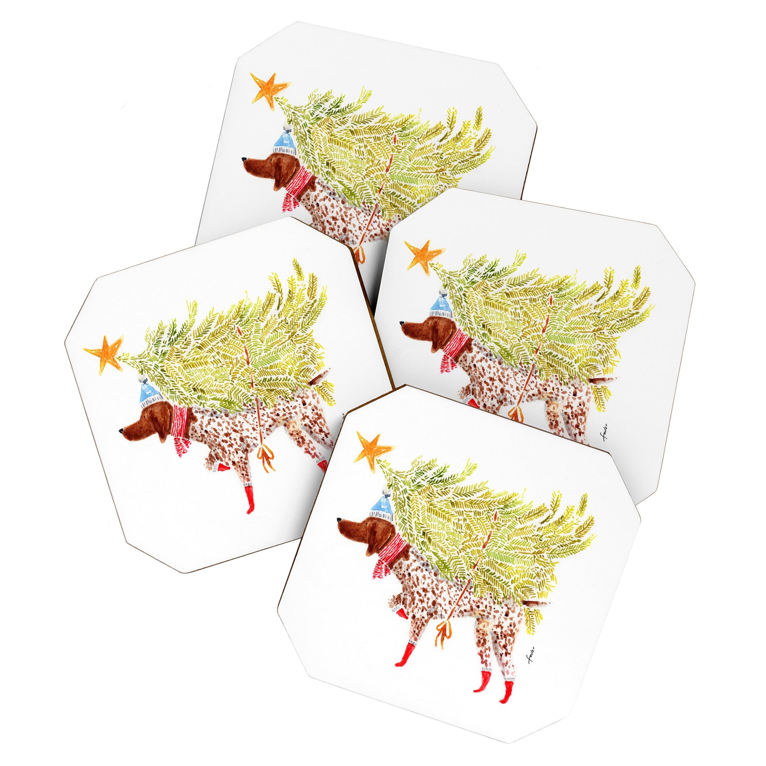 GSP german shorthaired pointer christmas tree holiday winter art  Coaster Gallery Image 1