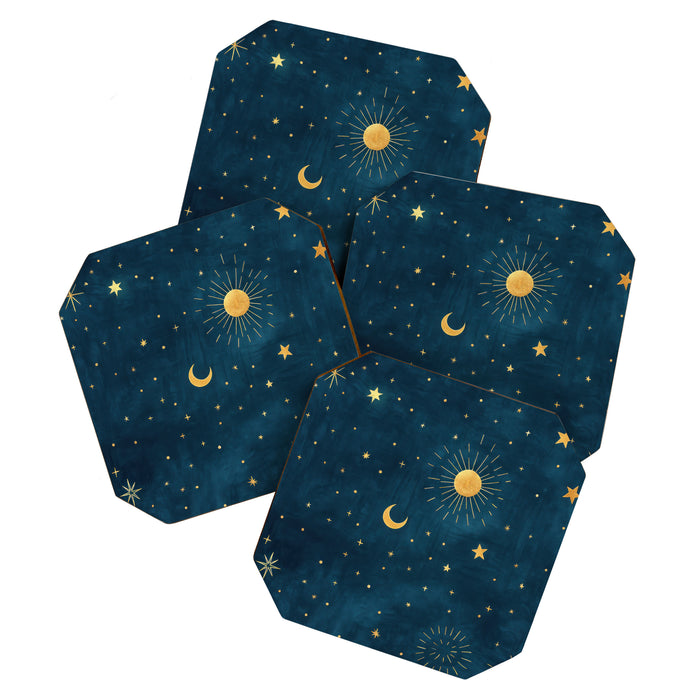 Celestial Gold Sun and Moon Boho Starry Sky Abstract Night Art Coaster Gallery Image 1