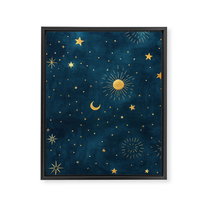Celestial Gold Sun and Moon Boho Starry Sky Abstract Night Art Framed Canvas Print Gallery Image 6