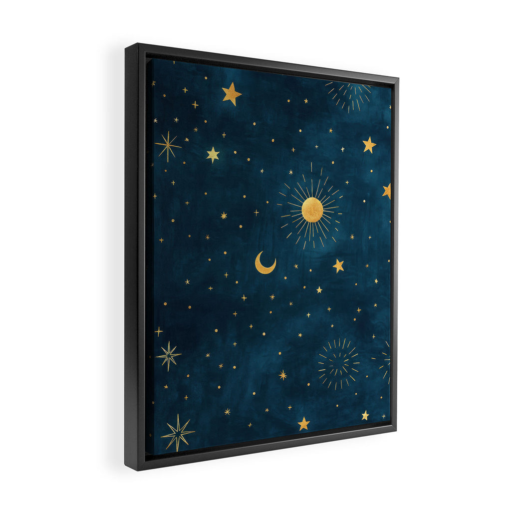 Celestial Gold Sun and Moon Boho Starry Sky Abstract Night Art Framed Canvas Print Gallery Image 2
