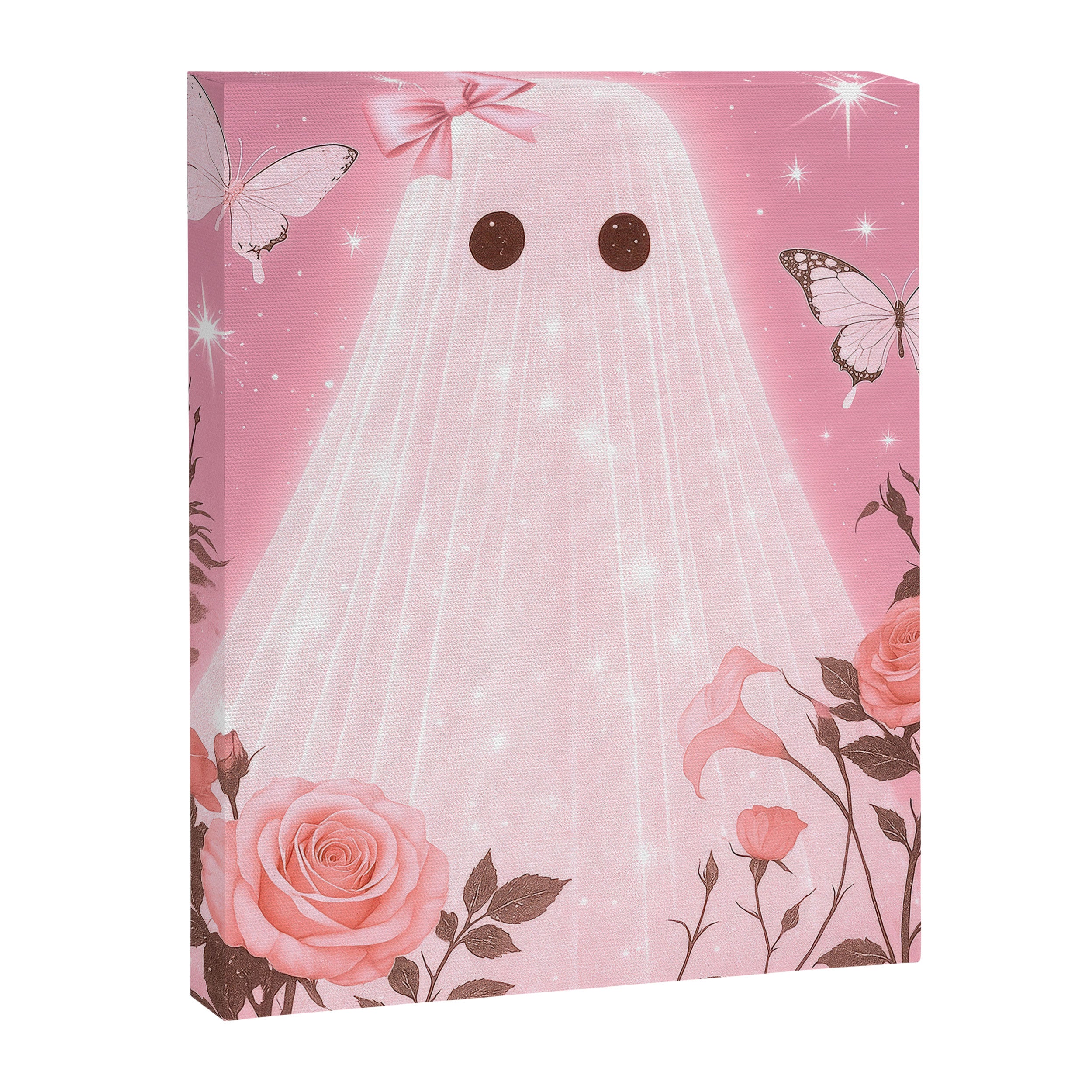 Romantic Pink Ghost with Bows and Butterflies Halloween Gothic Spooky Cute Art Canvas Print Gallery Image 6
