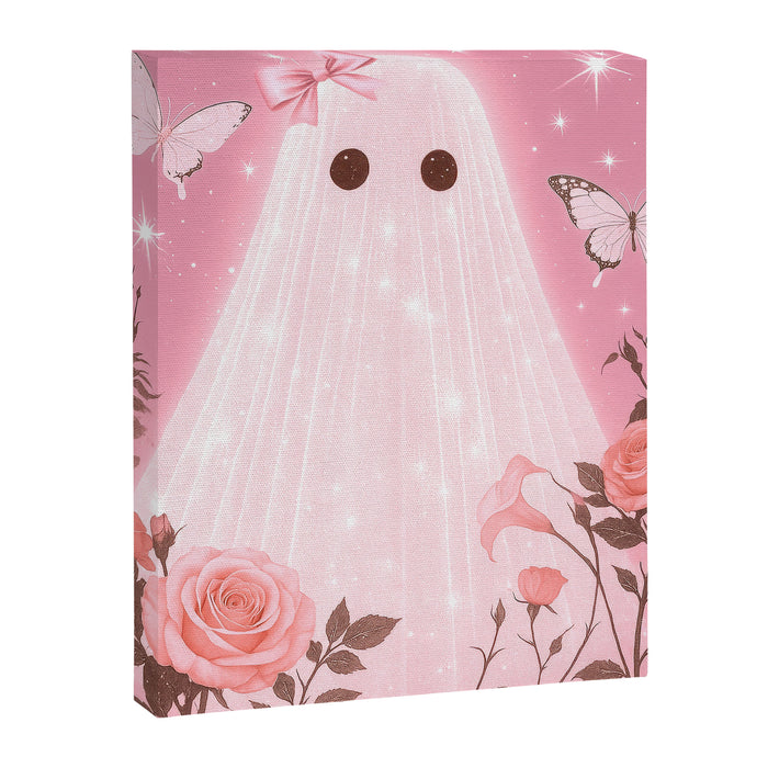 Romantic Pink Ghost with Bows and Butterflies Halloween Gothic Spooky Cute Art Canvas Print Gallery Image 1