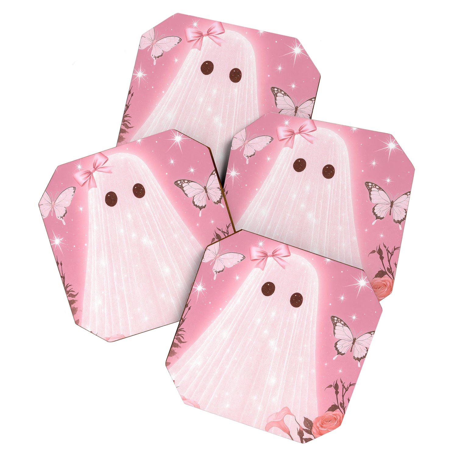 Romantic Pink Ghost with Bows and Butterflies Halloween Gothic Spooky Cute Art Coaster Gallery Image 1