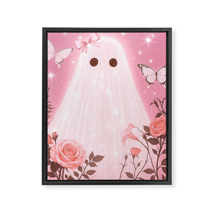 Romantic Pink Ghost with Bows and Butterflies Halloween Gothic Spooky Cute Art Framed Canvas Print Gallery Image 1
