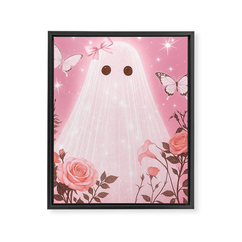 Romantic Pink Ghost with Bows and Butterflies Halloween Gothic Spooky Cute Art Framed Canvas Print Gallery Image 6
