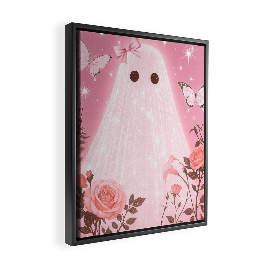 Romantic Pink Ghost with Bows and Butterflies Halloween Gothic Spooky Cute Art Framed Canvas Print Gallery Image 2