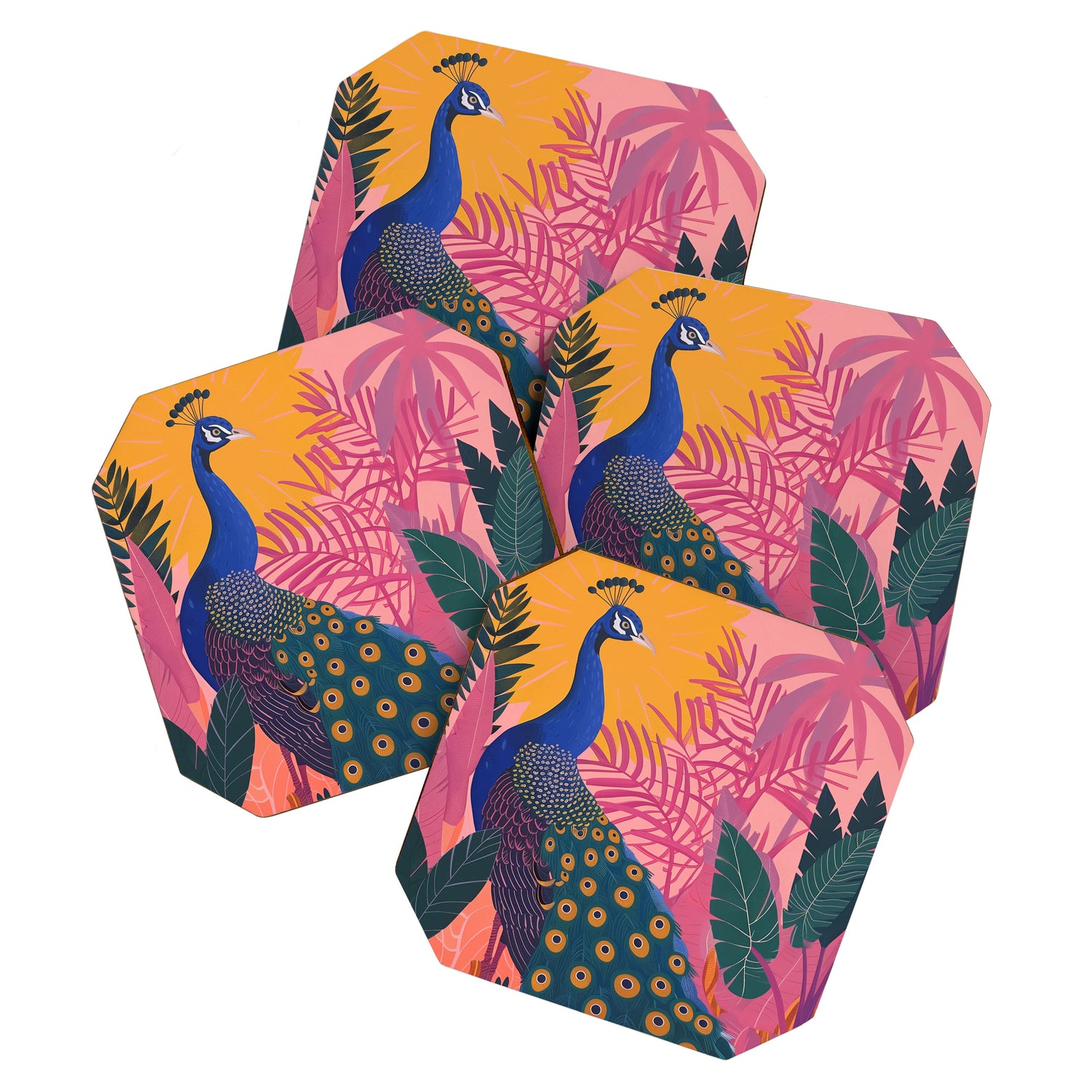 Tropical Peacock Among Pink Blossoms Coaster Gallery Image 1