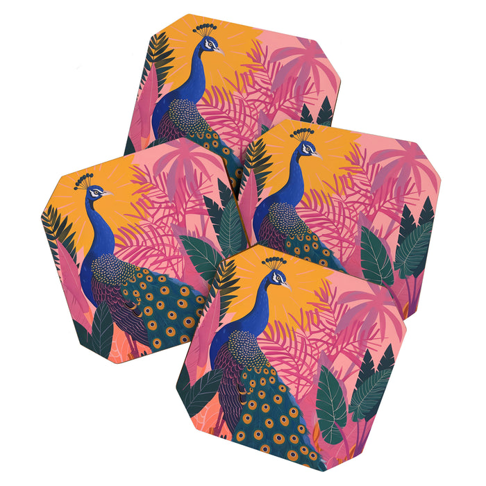 Tropical Peacock Among Pink Blossoms Coaster Gallery Image 1