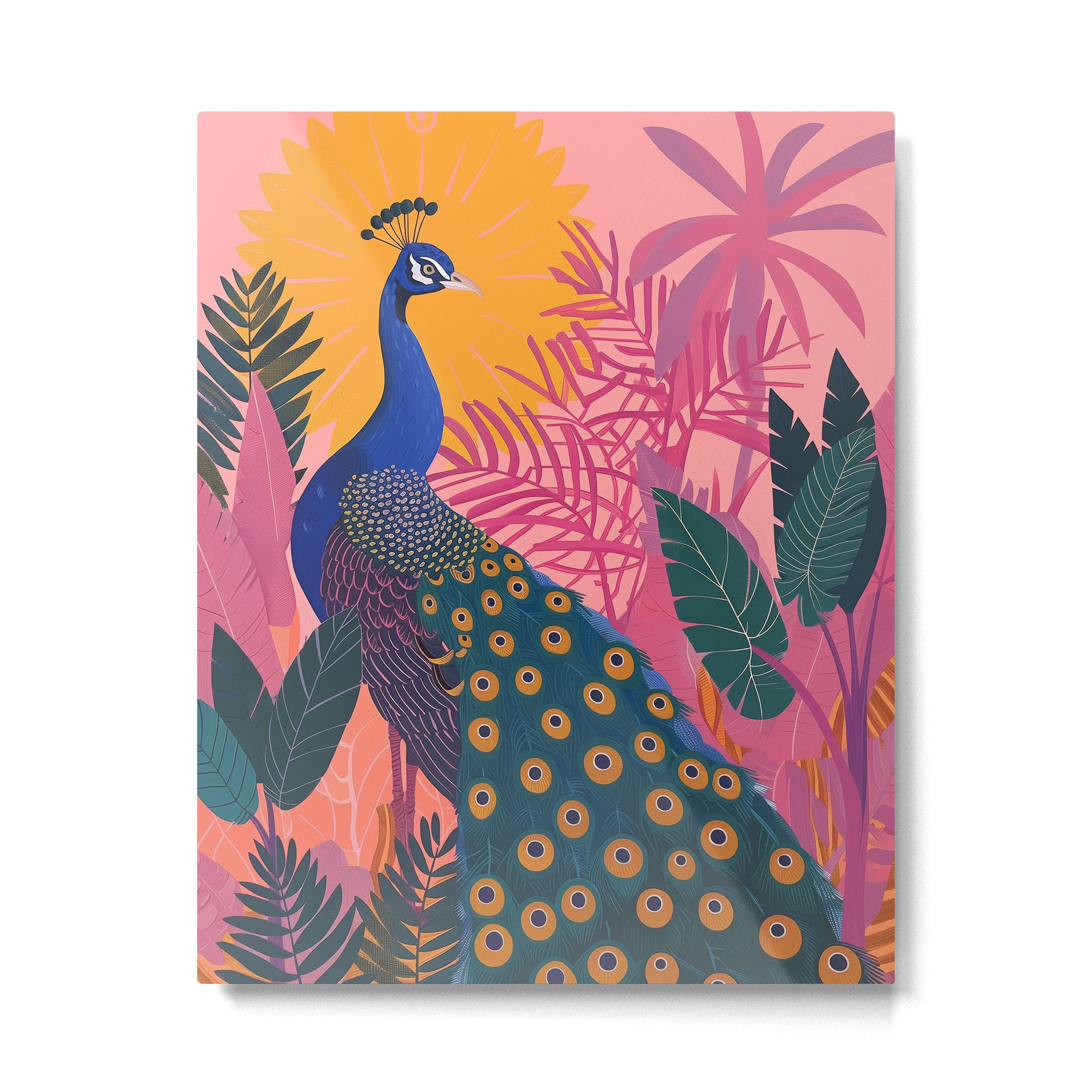 Tropical Peacock Among Pink Blossoms Metal Print Gallery Image 4