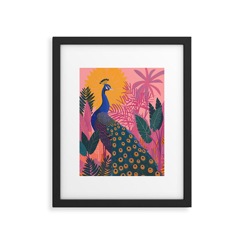 Tropical Peacock Among Pink Blossoms Framed Art Print Gallery Image 5