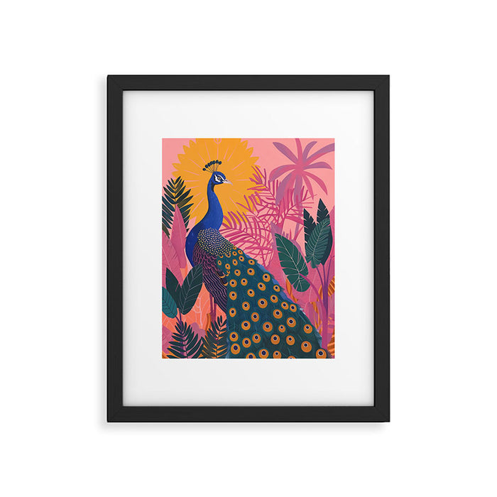 Tropical Peacock Among Pink Blossoms Framed Art Print Gallery Image 1