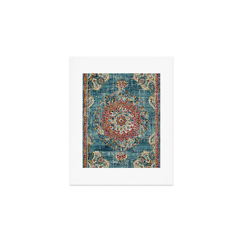 Antique oriental blue and orange carpet Art Print Gallery Image 1