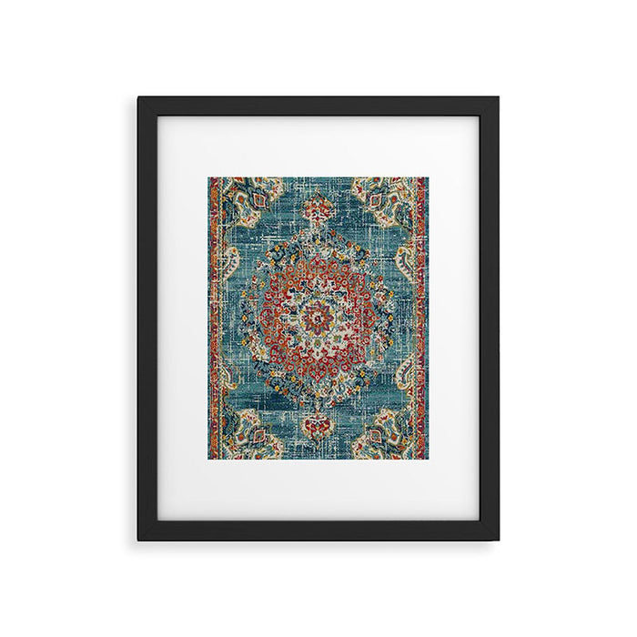 Antique oriental blue and orange carpet Framed Art Print Gallery Image 1