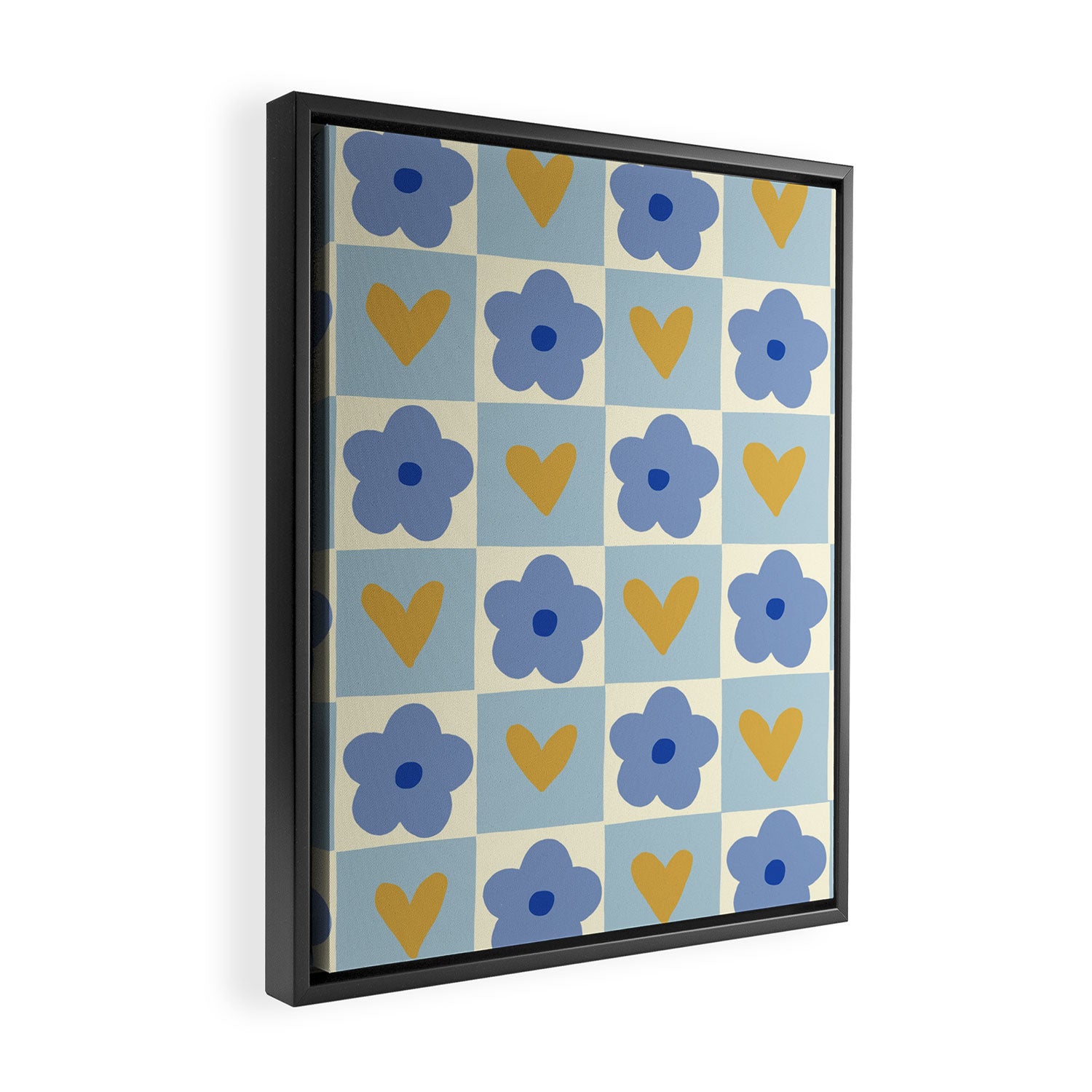 Blue floral checkerboard Framed Canvas Print Gallery Image 2