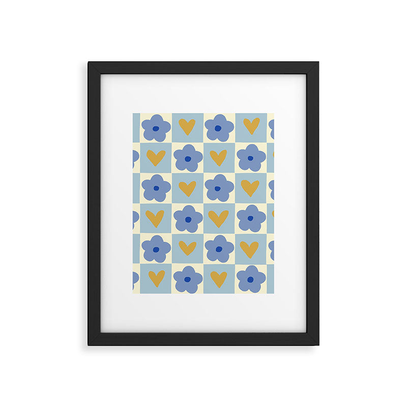 Blue floral checkerboard Framed Art Print Gallery Image 6