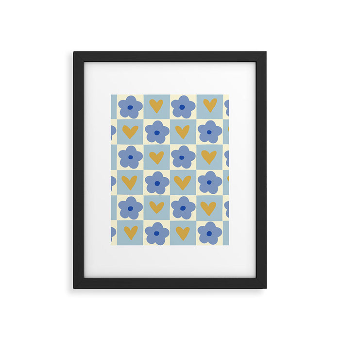Blue floral checkerboard Framed Art Print Gallery Image 1