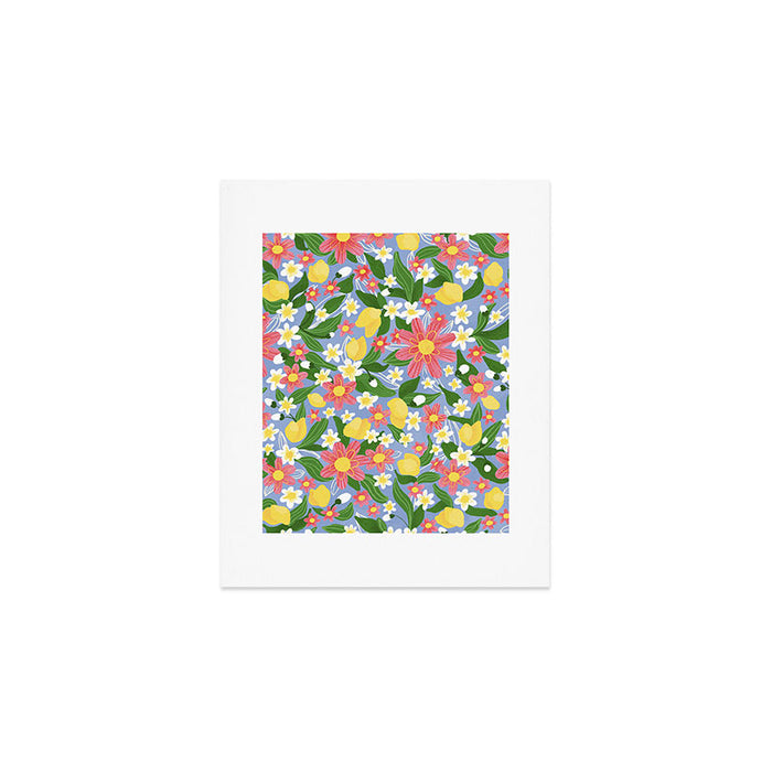 Lemons and Flowers on Blue Art Print Gallery Image 1