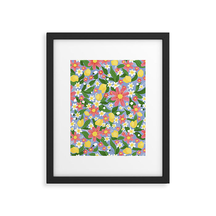 Lemons and Flowers on Blue Framed Art Print Gallery Image 1