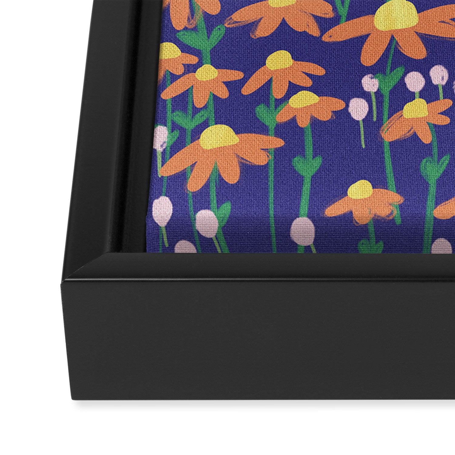 Orange Flowers on Indigo Framed Canvas Print Gallery Image 3