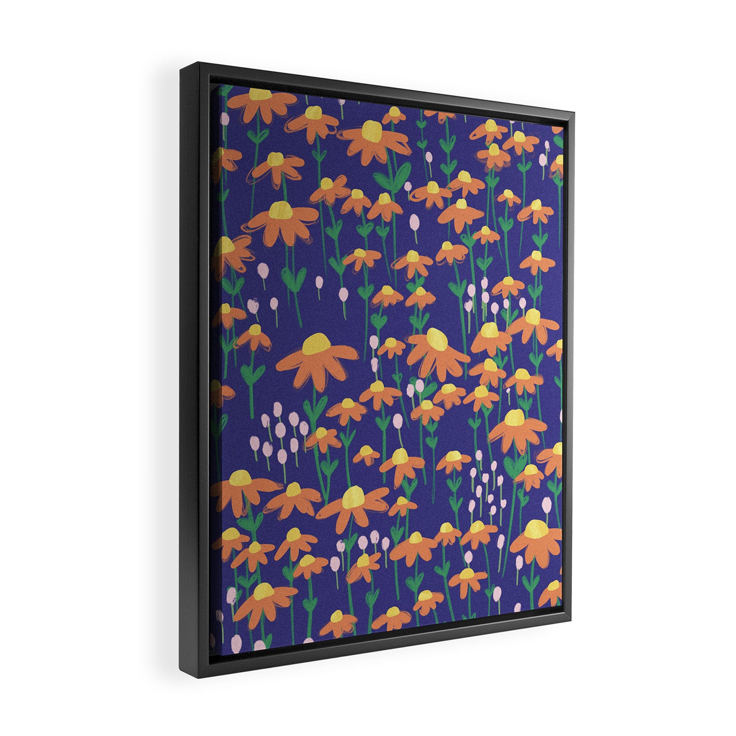 Orange Flowers on Indigo Framed Canvas Print Gallery Image 2
