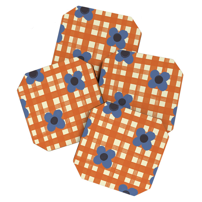 Red floral check pattern Coaster Gallery Image 1
