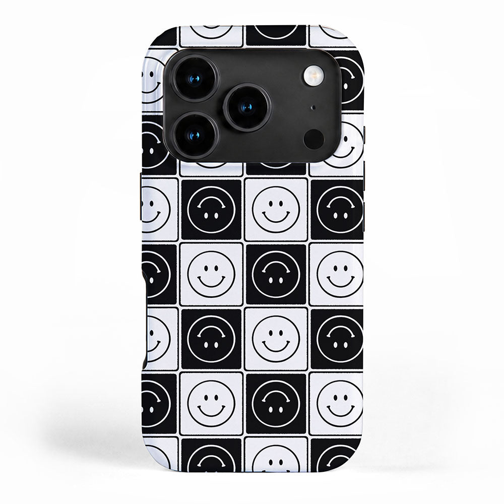 Checked Smiley Faces Pattern (Black & White) iPhone Case Gallery Image 1