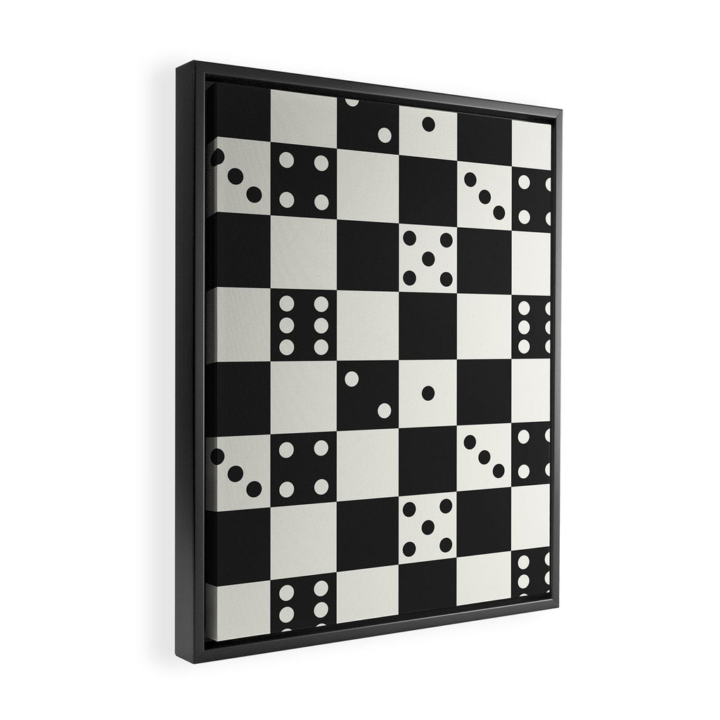 Checkered Dice Pattern (Creamy Milk & Dark Charcoal Color Palette) Framed Canvas Print Gallery Image 2