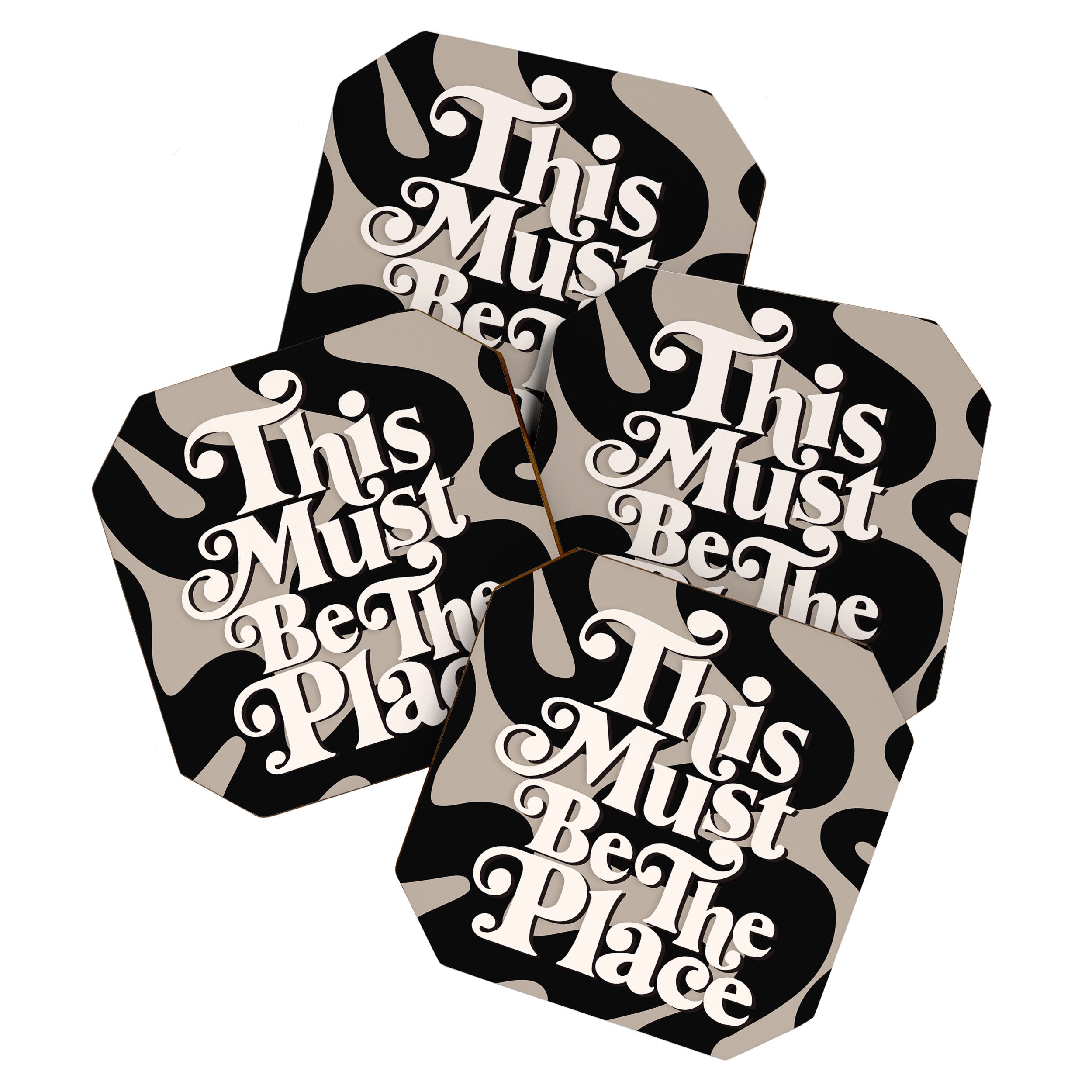This Must Be The Place - 70s, Vintage, Retro, Abstract Pattern (Black & Beige) Coaster Gallery Image 1