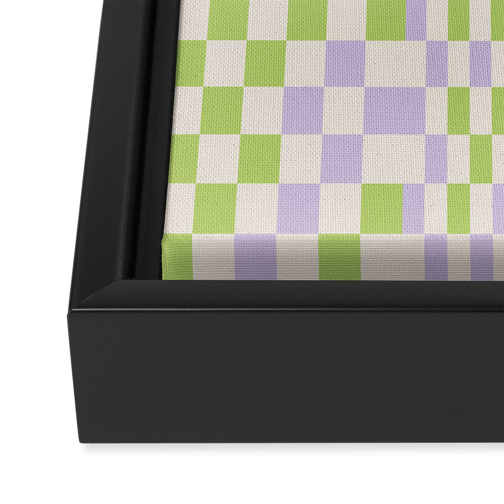 Happy Colorful Checkered Pattern Green and Lilac Framed Canvas Print Gallery Image 3