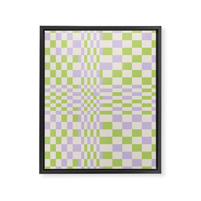 Happy Colorful Checkered Pattern Green and Lilac Framed Canvas Print Gallery Image 1