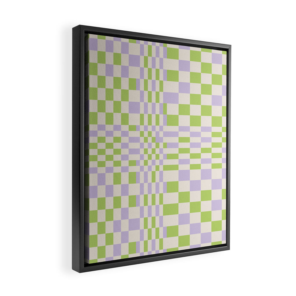Happy Colorful Checkered Pattern Green and Lilac Framed Canvas Print Gallery Image 2