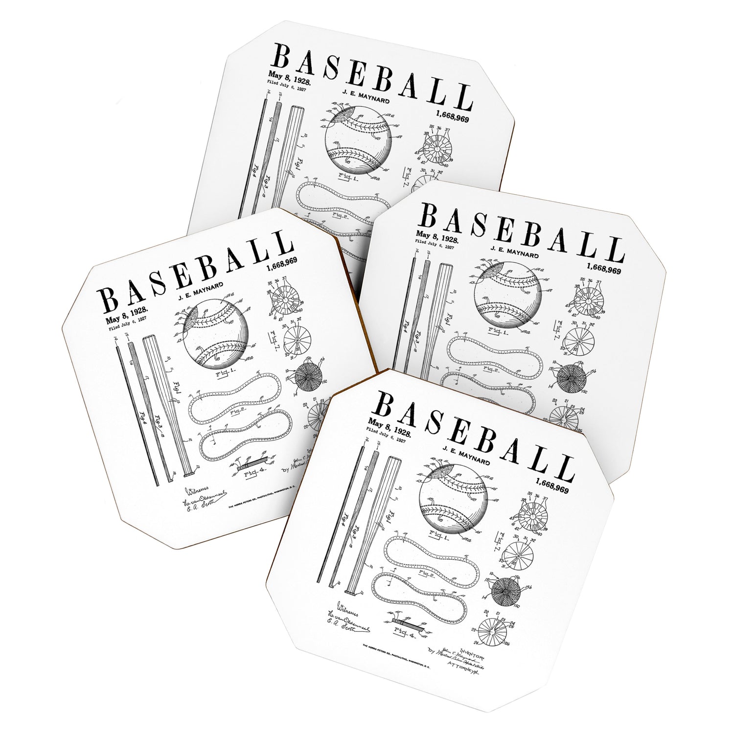 Baseball Bat And Ball Old Vintage Patent Drawing Print Coaster Gallery Image 1