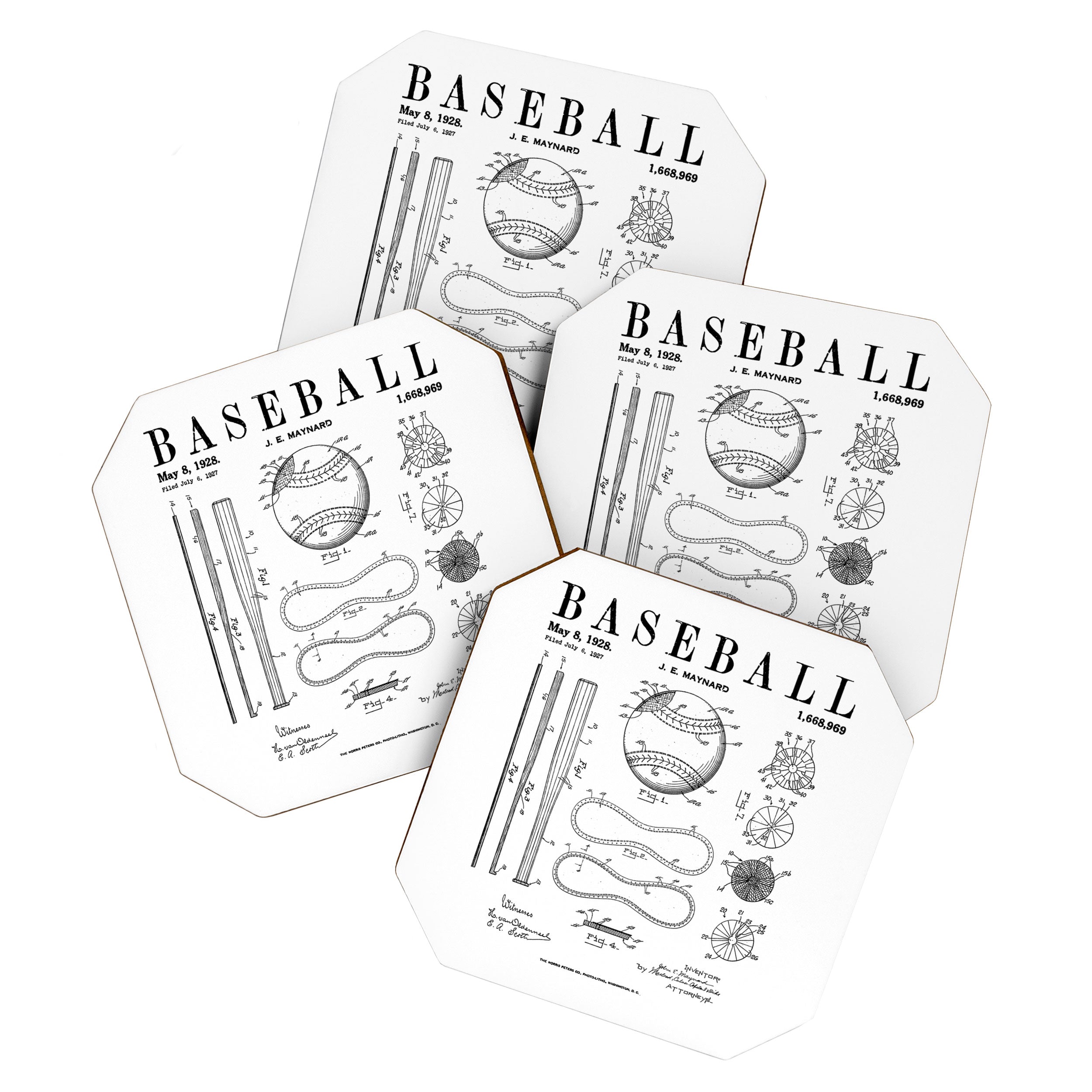 Baseball Bat And Ball Old Vintage Patent Drawing Print Coaster Gallery Image 1