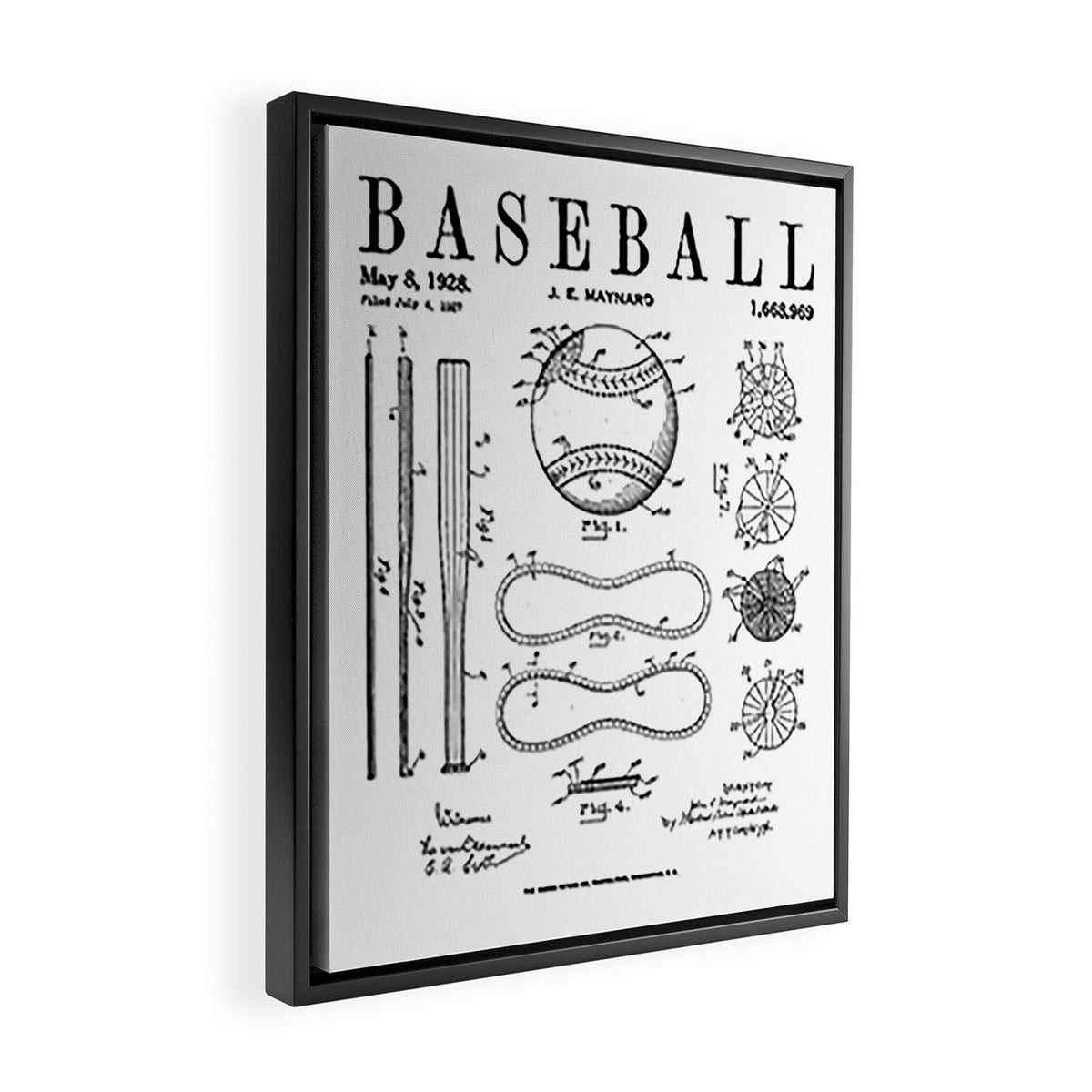 Baseball Bat And Ball Old Vintage Patent Drawing Print Framed Canvas Print Gallery Image 2