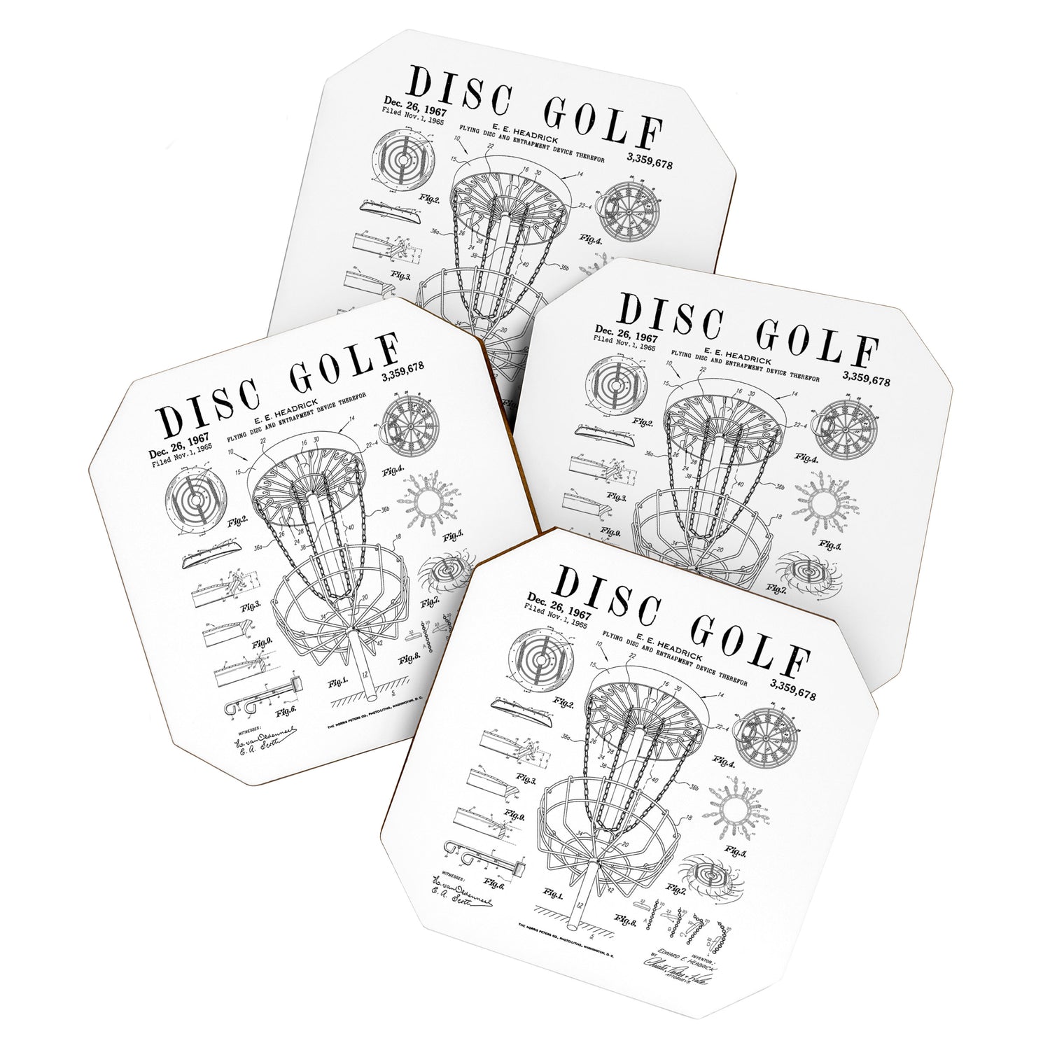 Disc Golf Frolf Frisbee Basket Vintage Patent Drawing Print Coaster Gallery Image 1