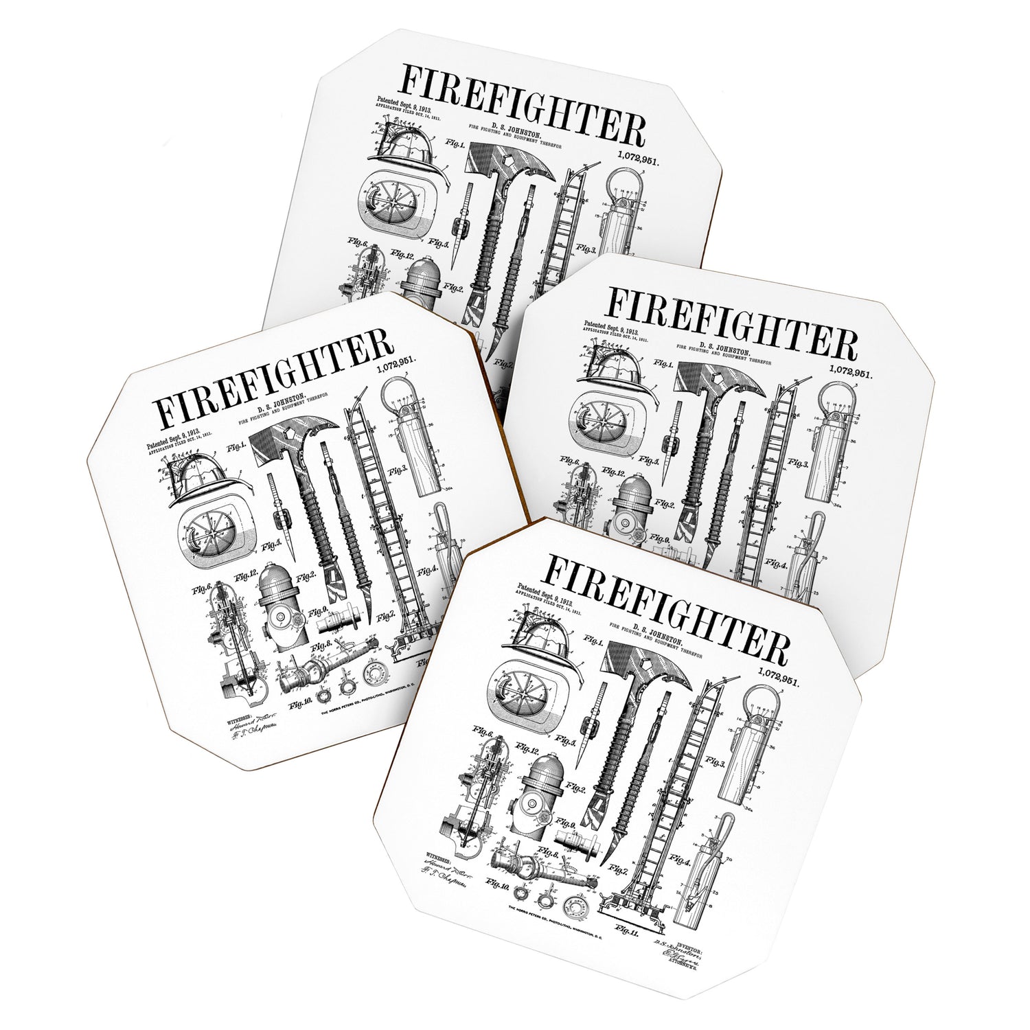 Firefighter Fire Department Fireman Vintage Patent Print Coaster Gallery Image 1