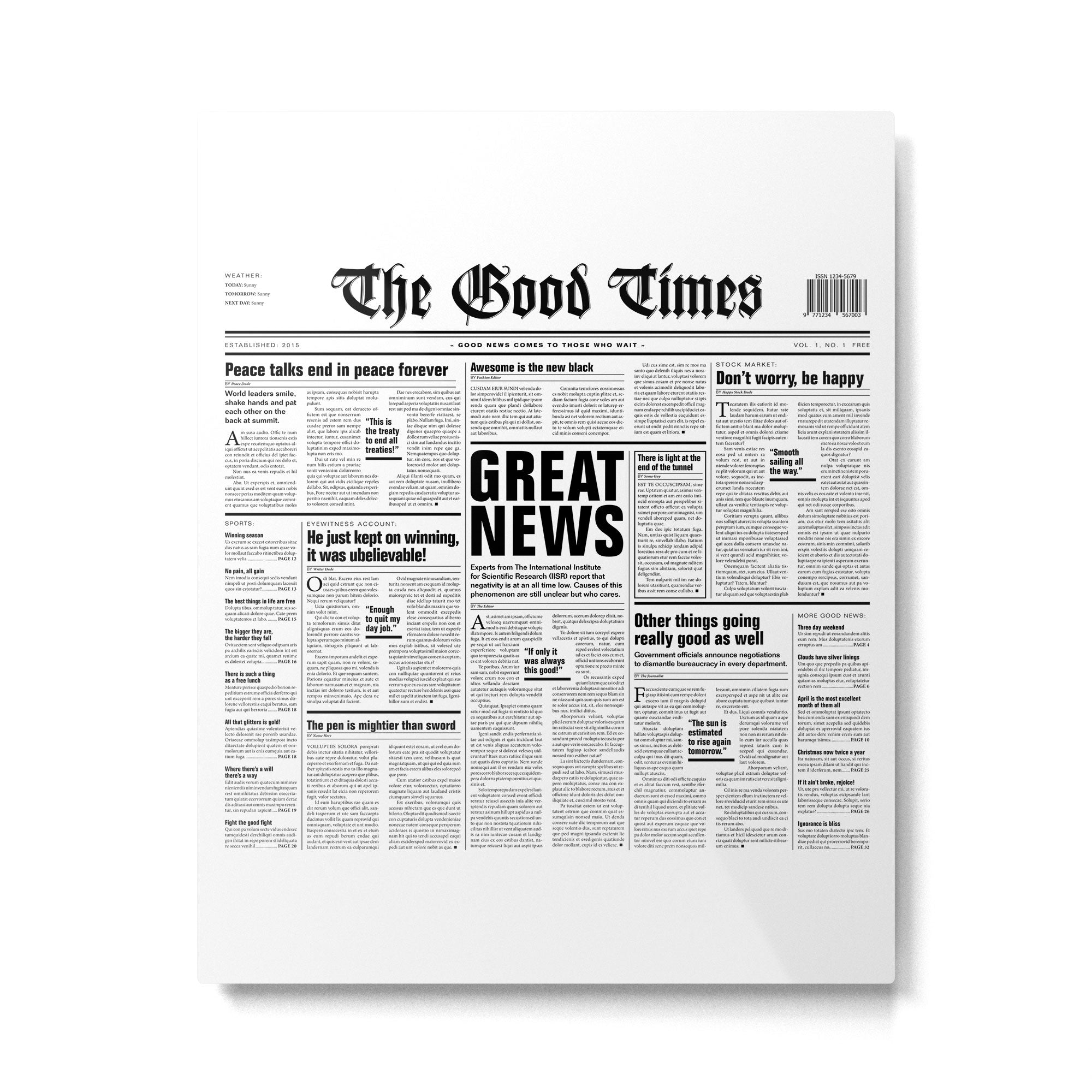 The Good Times Vol. 1, No. 1 / Newspaper with only good news Metal Print Gallery Image 6