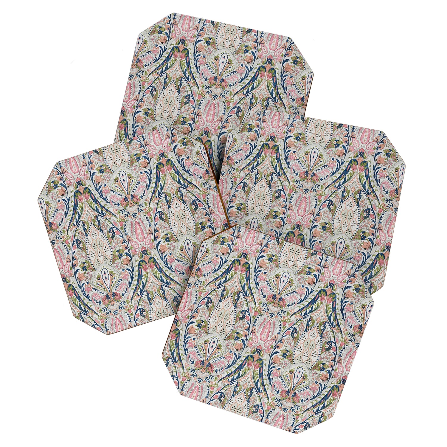 Pink Blue Green Leaf Flower Paisley Coaster Gallery Image 1