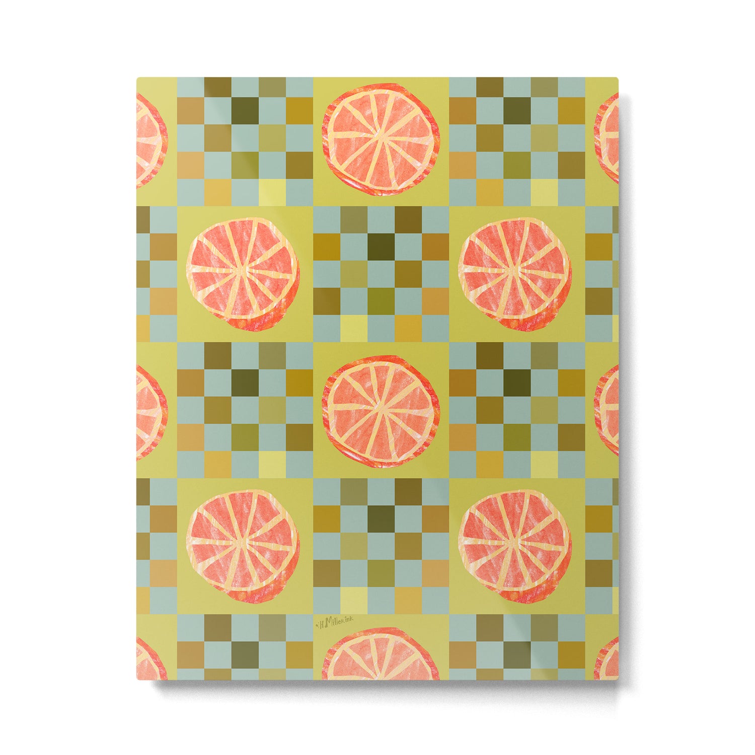 Checkered Citrus Fruit in Sage & Orange Metal Print Gallery Image 4