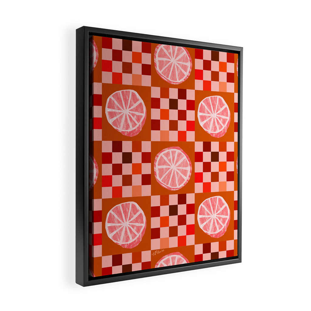 Checkered Sliced Citrus Fruit in Red & Peach Pink Framed Canvas Print Gallery Image 2