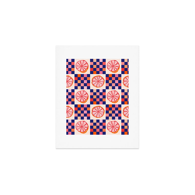Checkered Sliced Citrus Fruit in Navy & Peachy Pink Art Print Gallery Image 1