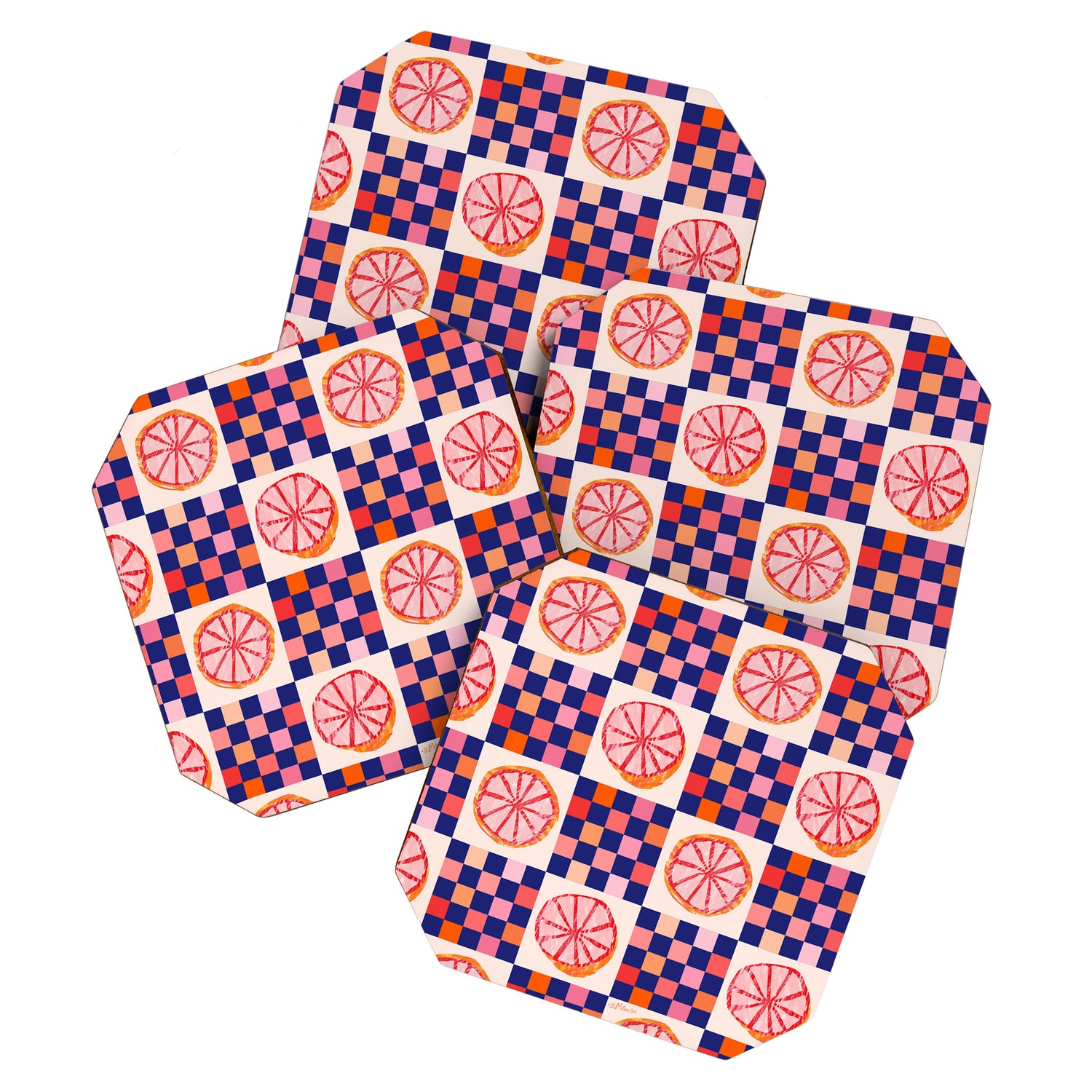 Checkered Sliced Citrus Fruit in Navy & Peachy Pink Coaster Gallery Image 1
