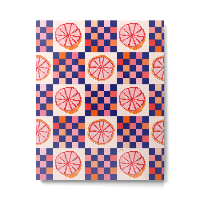 Checkered Sliced Citrus Fruit in Navy & Peachy Pink Metal Print Gallery Image 1