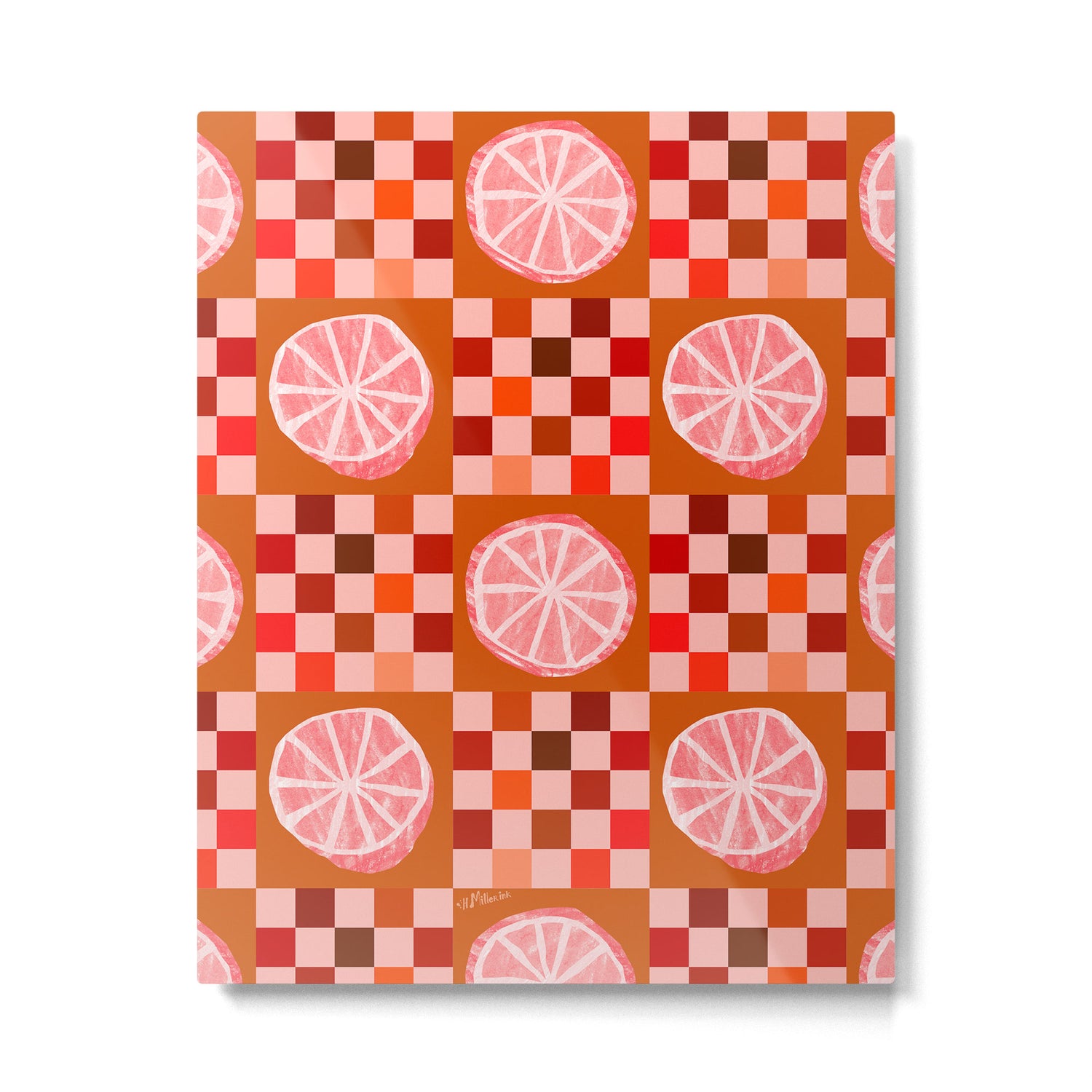 Checkered Sliced Citrus Fruit in Red & Peach Pink Metal Print Gallery Image 4