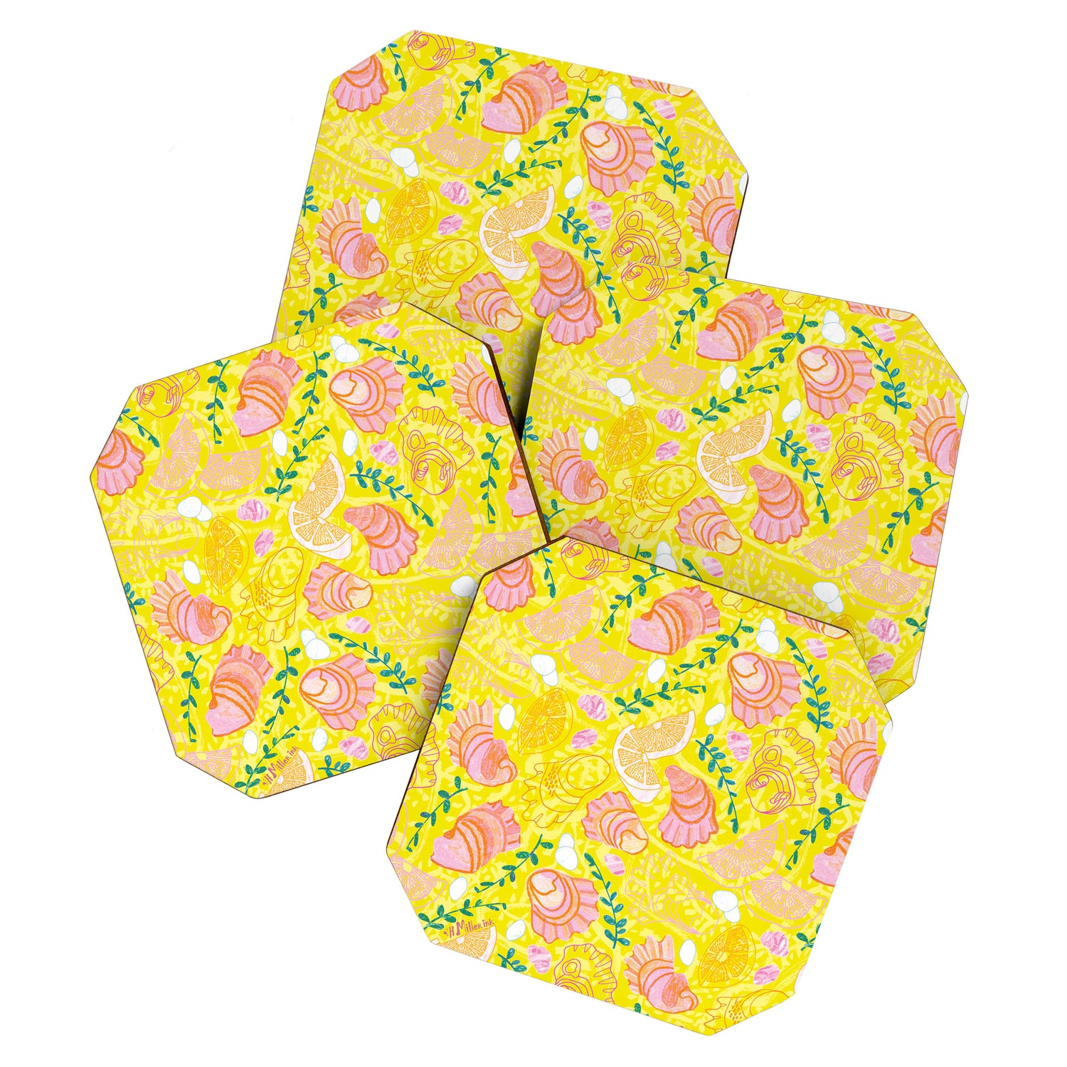 Coastal Oysters on the Beach in Lemon Yellow & Peach Coaster Gallery Image 1